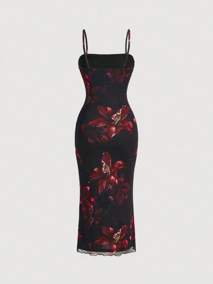 MOD Red Floral Print Mesh Slip Dress, Black And Red Elegant Sexy Summer Party Birthday Outfits, Women's Cruise Prom Wedding Guest Night Dinner Beach Curve