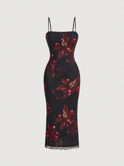 MOD Red Floral Print Mesh Slip Dress, Black And Red Elegant Sexy Summer Party Birthday Outfits, Women's Cruise Prom Wedding Guest Night Dinner Beach Curve