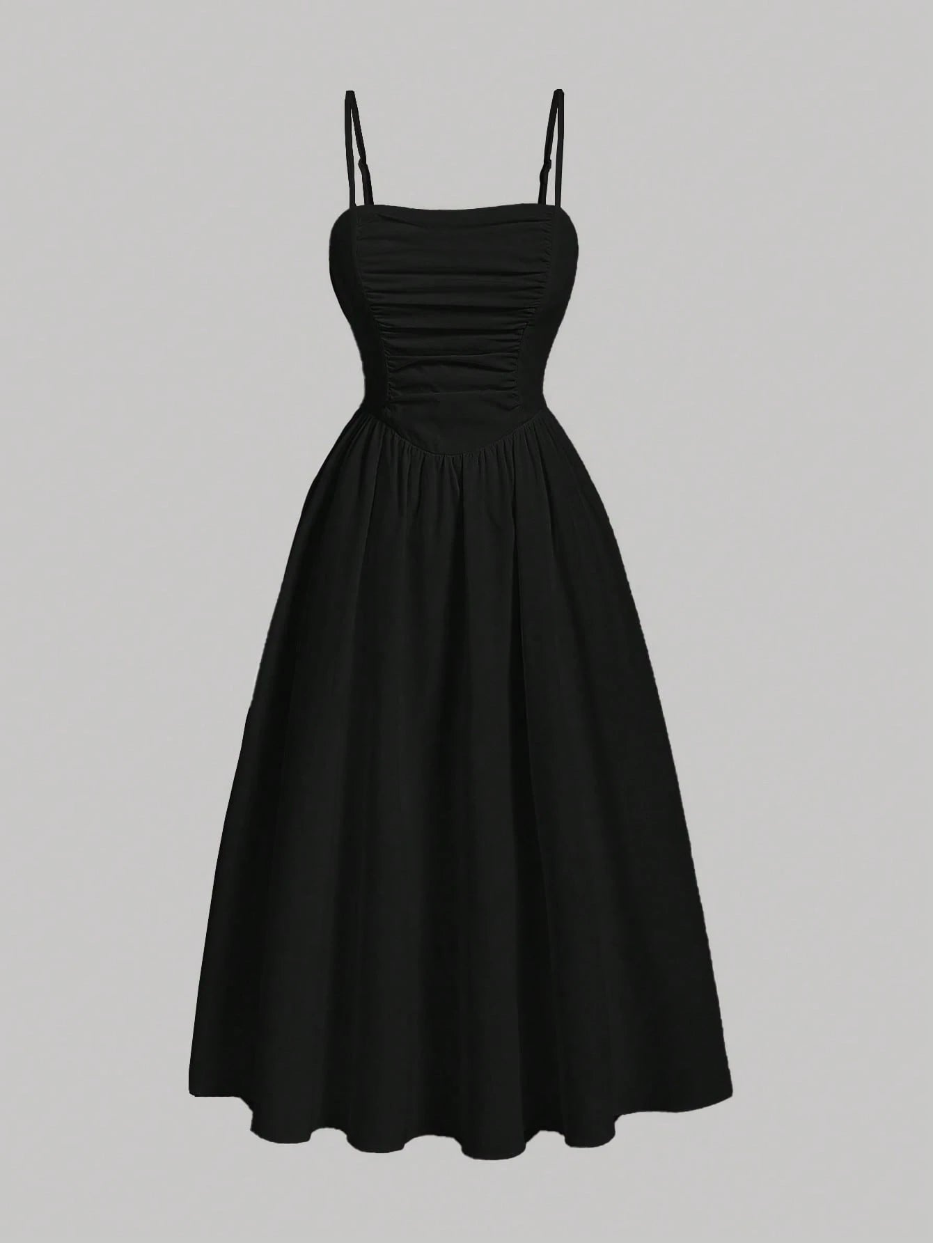 MOD Solid Ruched Cami Black Long Dress,Summer,1960s Vintage,70's,Party,Prom,Graduation,Vacation,Date,Picnic,Festival,Birthday,Classy Dinner Outfits,Midi