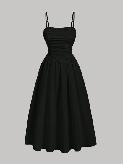 MOD Solid Ruched Cami Black Long Dress,Summer,1960s Vintage,70's,Party,Prom,Graduation,Vacation,Date,Picnic,Festival,Birthday,Classy Dinner Outfits,Midi