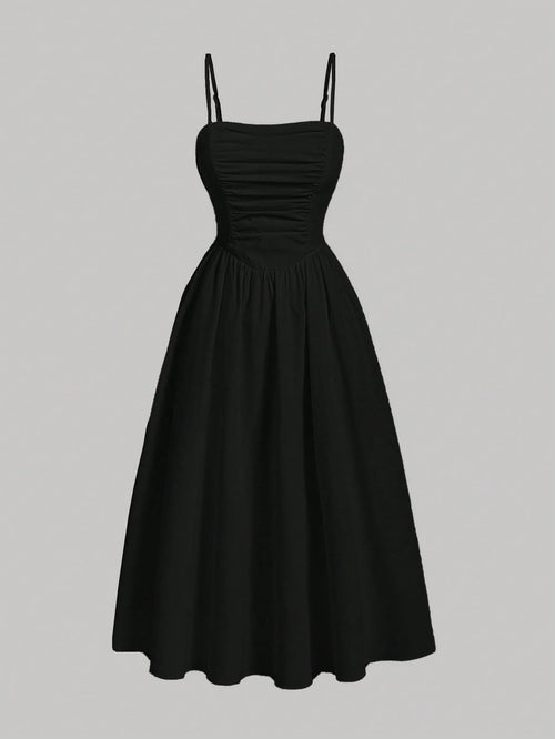 MOD Solid Ruched Cami Black Long Dress,Summer,1960s Vintage,70's,Party,Prom,Graduation,Vacation,Date,Picnic,Festival,Birthday,Classy Dinner Outfits,Midi