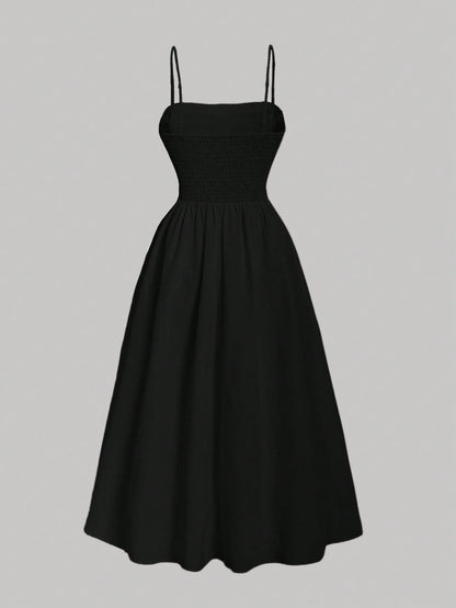 MOD Solid Ruched Cami Black Long Dress,Summer,1960s Vintage,70's,Party,Prom,Graduation,Vacation,Date,Picnic,Festival,Birthday,Classy Dinner Outfits,Midi