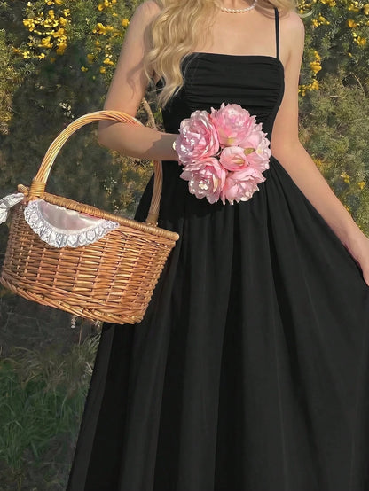 MOD Solid Ruched Cami Black Long Dress,Summer,1960s Vintage,70's,Party,Prom,Graduation,Vacation,Date,Picnic,Festival,Birthday,Classy Dinner Outfits,Midi