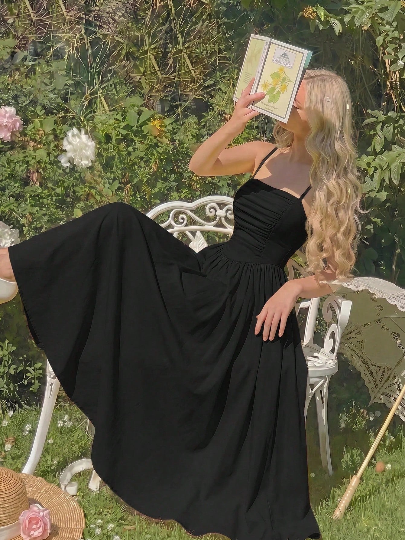 MOD Solid Ruched Cami Black Long Dress,Summer,1960s Vintage,70's,Party,Prom,Graduation,Vacation,Date,Picnic,Festival,Birthday,Classy Dinner Outfits,Midi