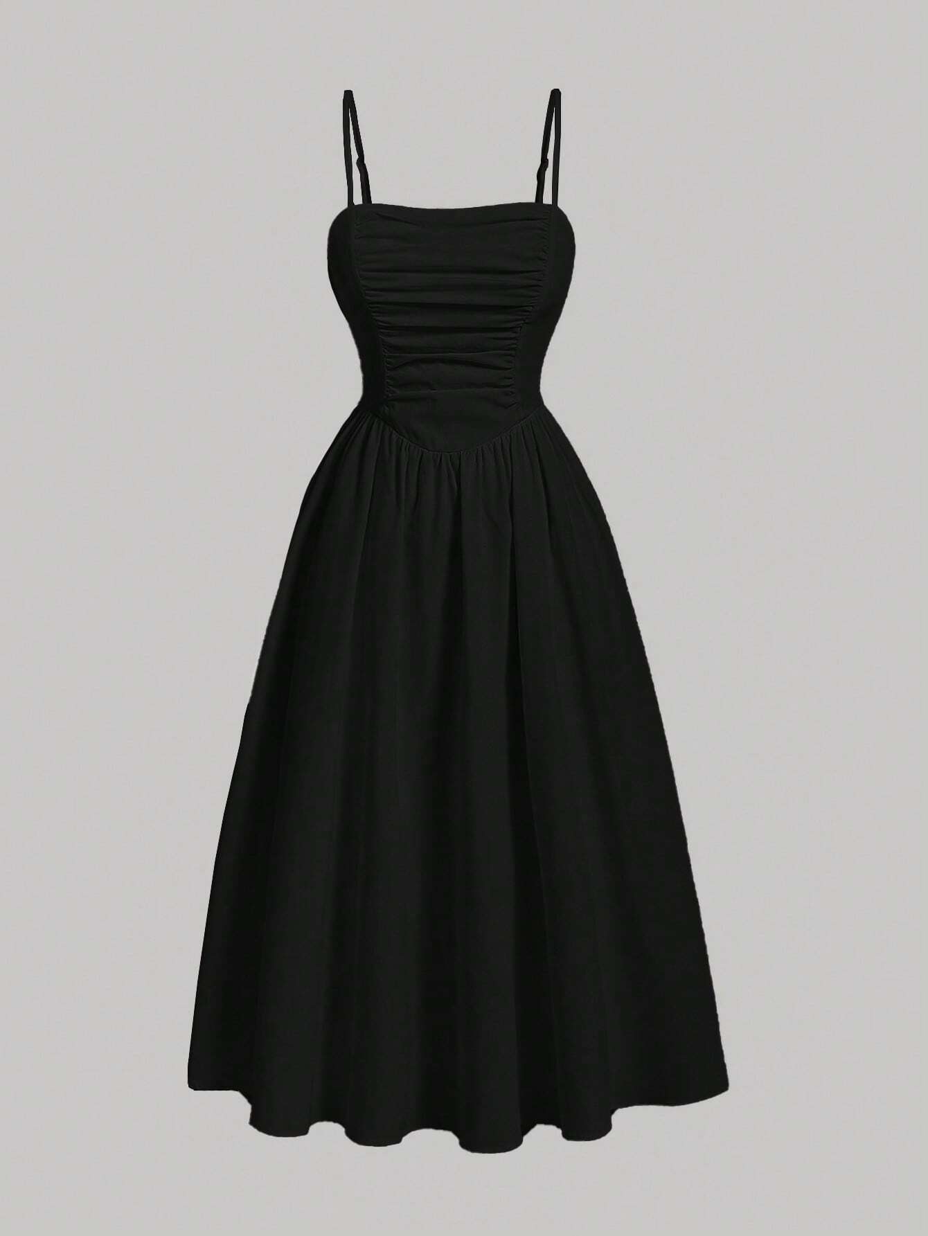 MOD Solid Ruched Cami Black Long Dress,Summer,1960s Vintage,70's,Party,Prom,Graduation,Vacation,Date,Picnic,Festival,Birthday,Classy Dinner Outfits,Midi