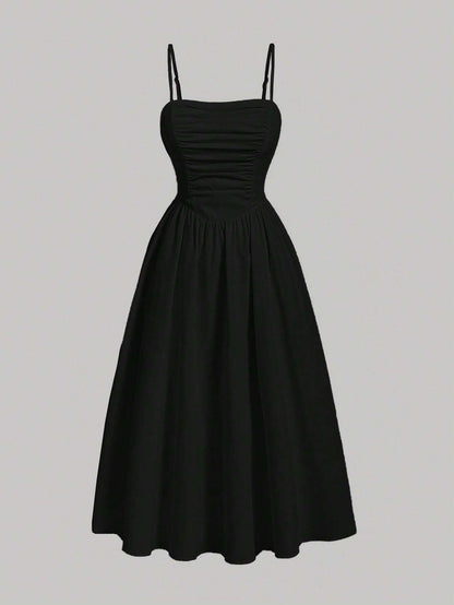 MOD Solid Ruched Cami Black Long Dress,Summer,1960s Vintage,70's,Party,Prom,Graduation,Vacation,Date,Picnic,Festival,Birthday,Classy Dinner Outfits,Midi