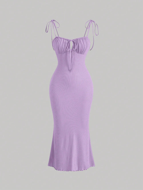 MOD Tie Front Ruched Bust Knot Shoulder Cami Dress,Pastel Dresses For Women