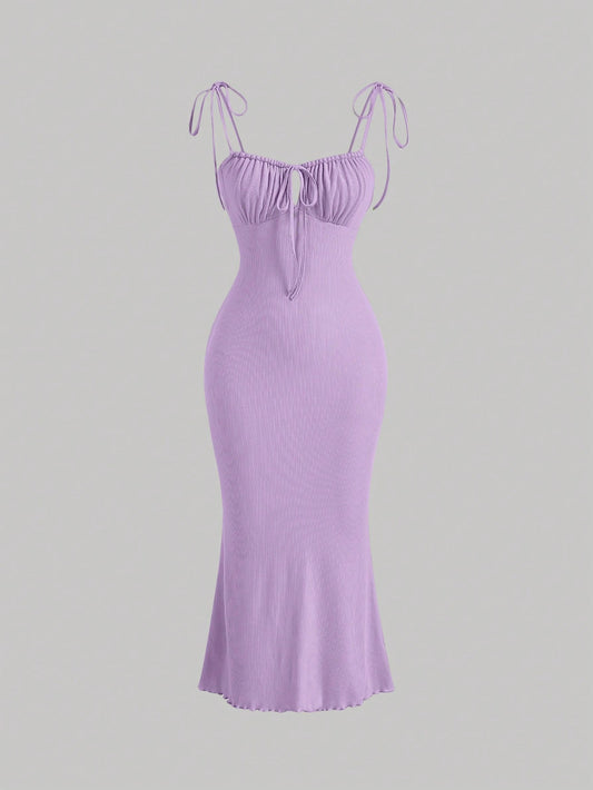 MOD Tie Front Ruched Bust Knot Shoulder Cami Dress,Pastel Dresses For Women