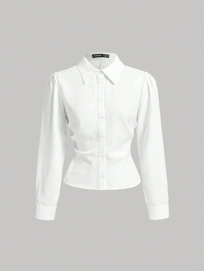 MOD White Long Sleeve Shirt With Waist Cincher Slim Fit Casual Elegant Business Casual Office Work Autumn Long Blouse Fall Shirts V Neck Back To School