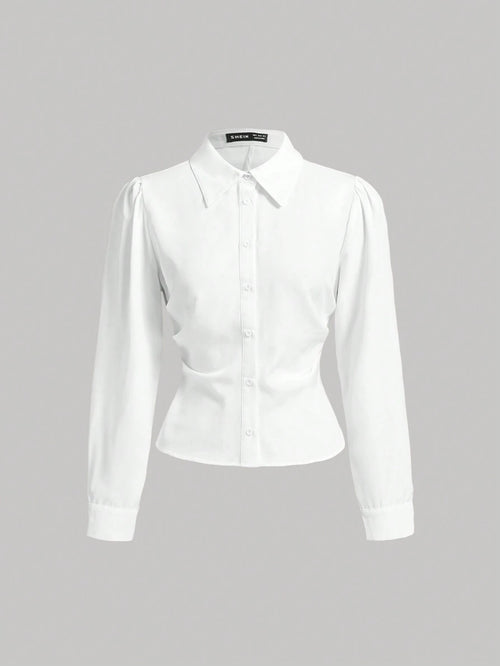 MOD White Long Sleeve Shirt With Waist Cincher Slim Fit Casual Elegant Business Casual Office Work Autumn Long Blouse Fall Shirts V Neck Back To School