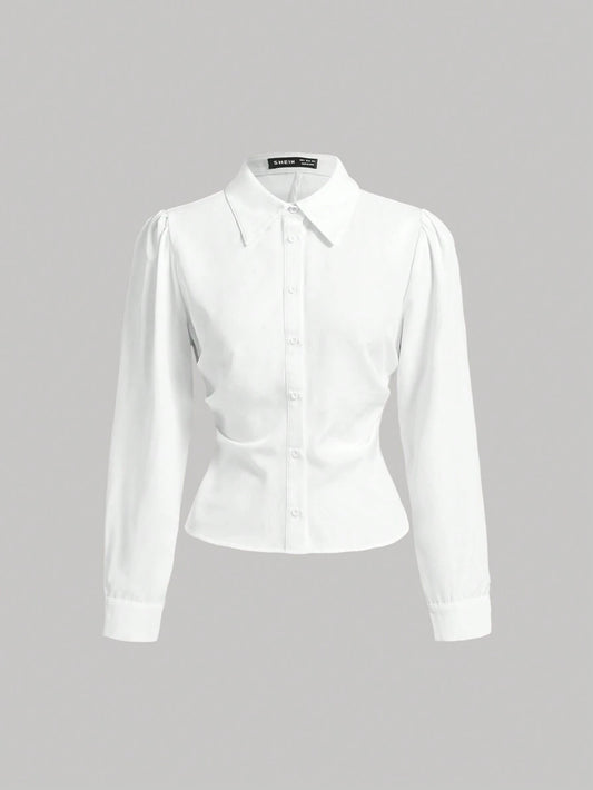 MOD White Long Sleeve Shirt With Waist Cincher Slim Fit Casual Elegant Business Casual Office Work Autumn Long Blouse Fall Shirts V Neck Back To School