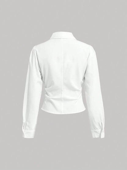 MOD White Long Sleeve Shirt With Waist Cincher Slim Fit Casual Elegant Business Casual Office Work Autumn Long Blouse Fall Shirts V Neck Back To School