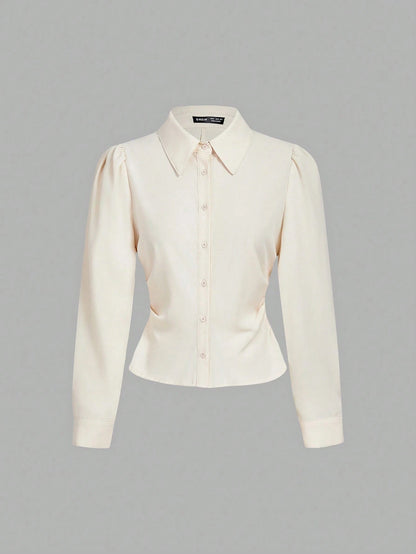 MOD White Long Sleeve Shirt With Waist Cincher Slim Fit Casual Elegant Business Casual Office Work Autumn Long Blouse Fall Shirts V Neck Back To School