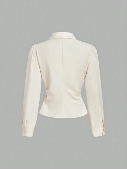 MOD White Long Sleeve Shirt With Waist Cincher Slim Fit Casual Elegant Business Casual Office Work Autumn Long Blouse Fall Shirts V Neck Back To School