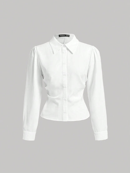 MOD White Long Sleeve Shirt With Waist Cincher Slim Fit Casual Elegant Business Casual Office Work Autumn Long Blouse Fall Shirts V Neck Back To School