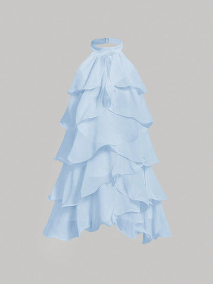 MOD White Multi-Layer Ruffle Halter Neck Stand Collar Mini Dress