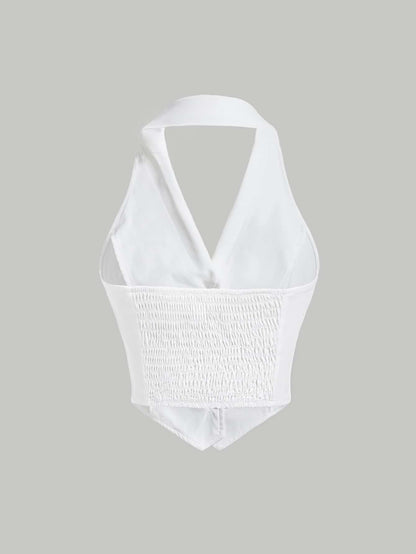 MOD White Summer Solid Button Front Halter Top,Cute Top, Spring/Summer Outfits,Elegant Top,Going Out Top, Birthday,Women's Carnival Costume,Casual Top