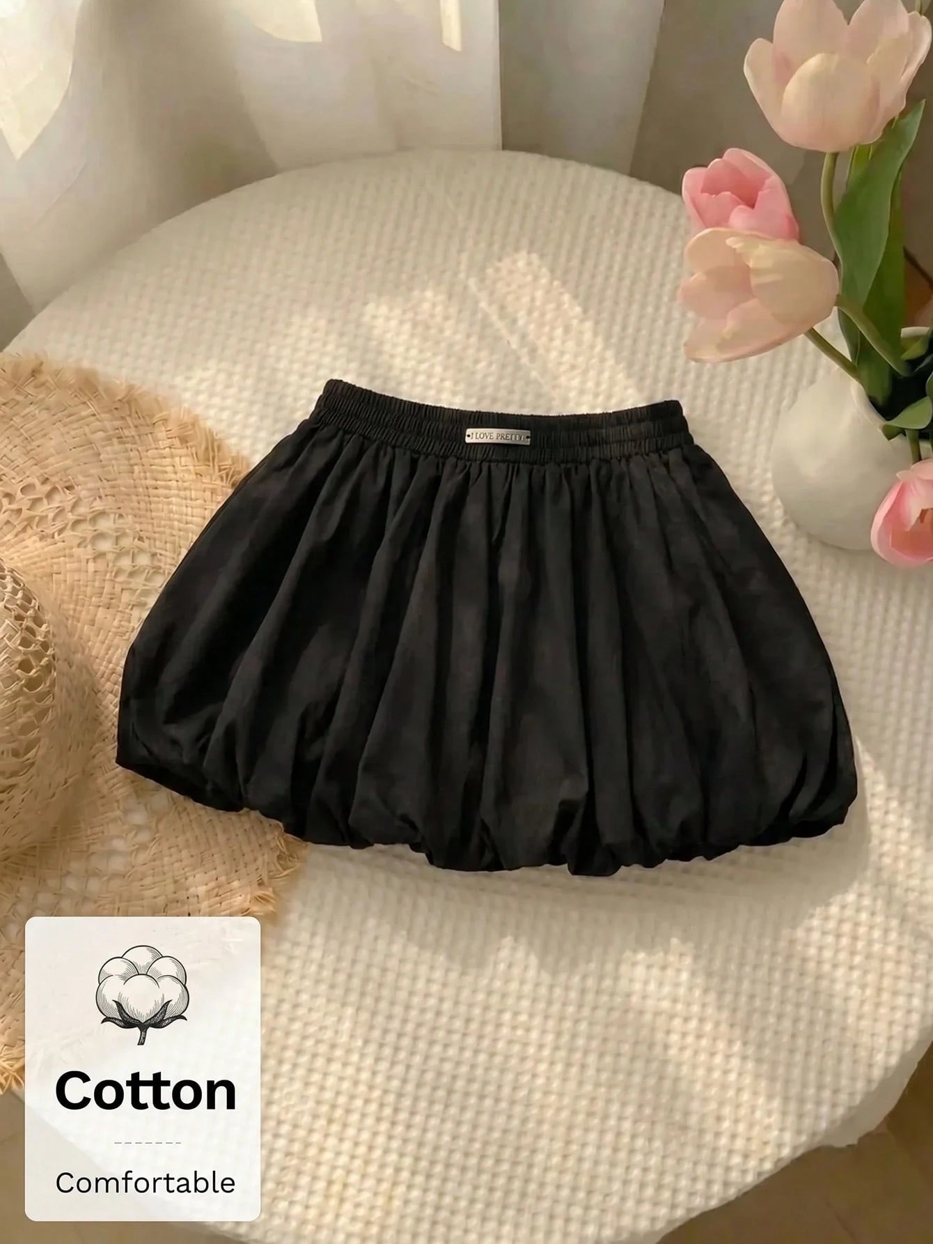 MOD Woman Cotton Black Bowknot Trim Floral Bubble Hem Skirt, Low Waist Skirt, Date Night Daily, Going Out, Sexy Cute, Y2k Skirt, Beach Skirt, Autumn