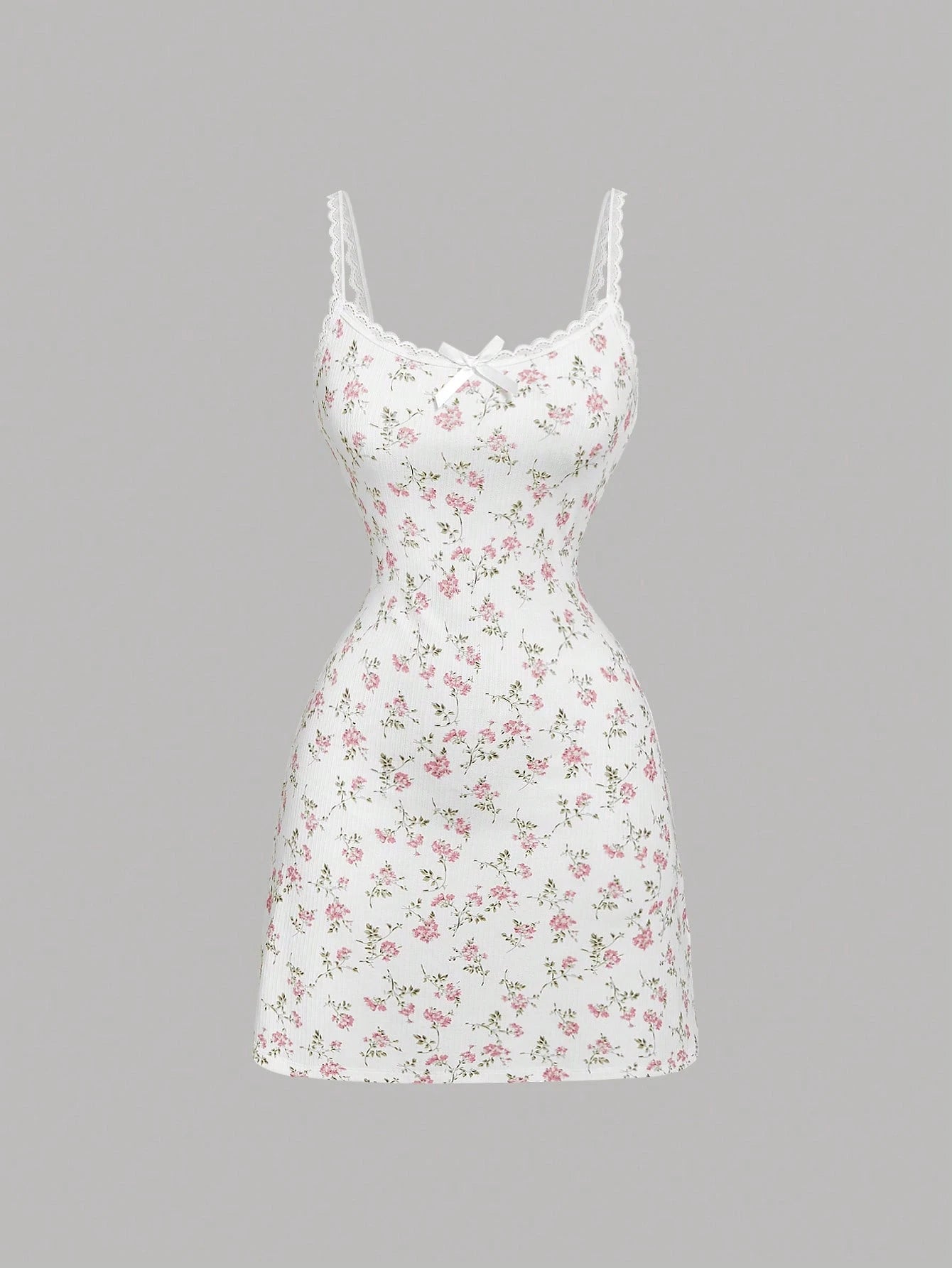 MOD Women's Ditsy Floral Lace Trim Mini Knitted Dress, Summer Mini Dress Date Evening White And Pink Cottagecore