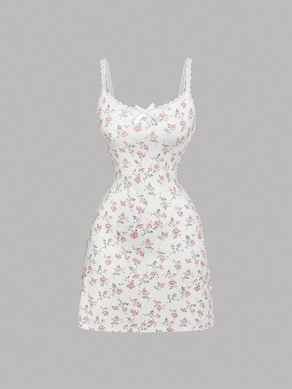 MOD Women's Ditsy Floral Lace Trim Mini Knitted Dress, Summer Mini Dress Date Evening White And Pink Cottagecore
