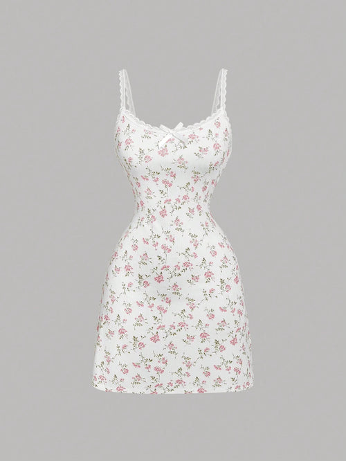 MOD Women's Ditsy Floral Lace Trim Mini Knitted Dress, Summer Mini Dress Date Evening White And Pink Cottagecore