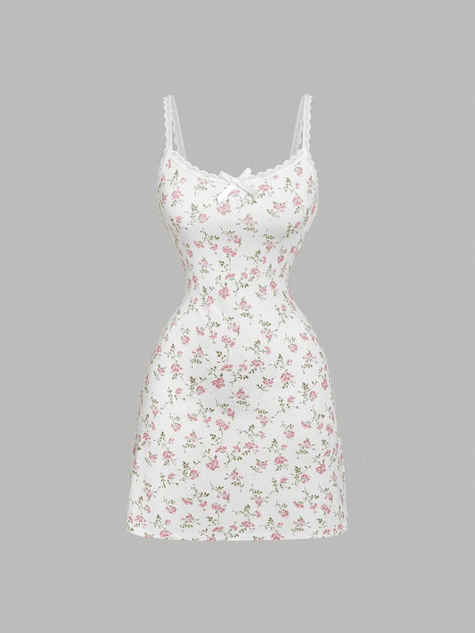 MOD Women's Ditsy Floral Lace Trim Mini Knitted Dress, Summer Mini Dress Date Evening White And Pink Cottagecore