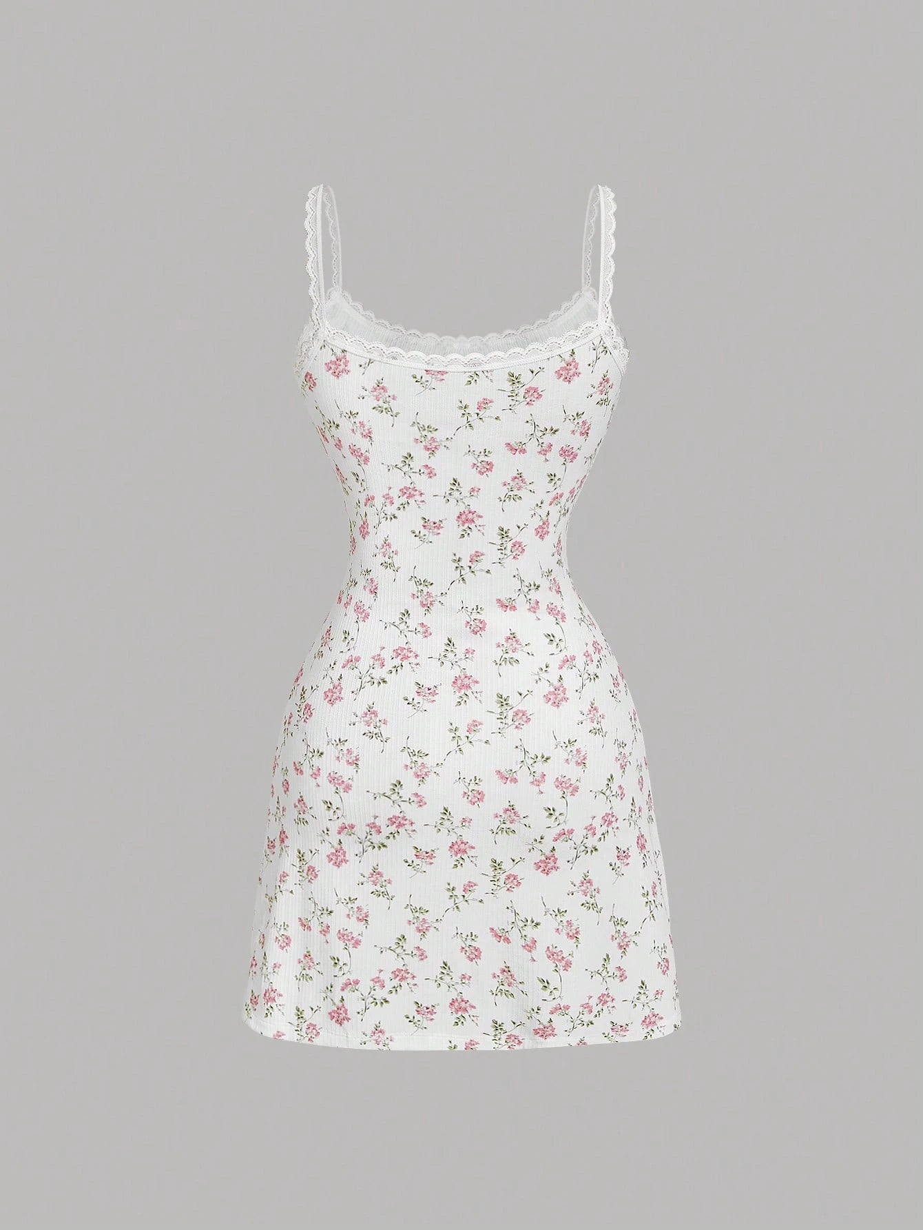 MOD Women's Ditsy Floral Lace Trim Mini Knitted Dress, Summer Mini Dress Date Evening White And Pink Cottagecore
