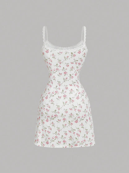 MOD Women's Ditsy Floral Lace Trim Mini Knitted Dress, Summer Mini Dress Date Evening White And Pink Cottagecore