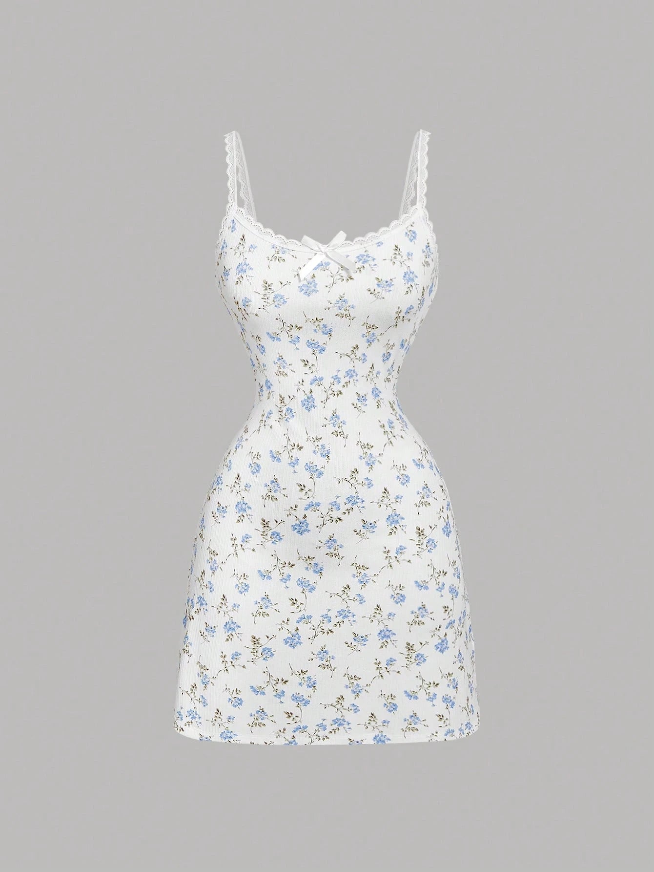 MOD Women's Ditsy Floral Lace Trim Mini Knitted Dress, Summer Mini Dress Date Evening White And Pink Cottagecore