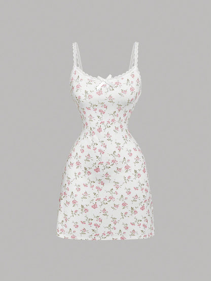 MOD Women's Ditsy Floral Lace Trim Mini Knitted Dress, Summer Mini Dress Date Evening White And Pink Cottagecore