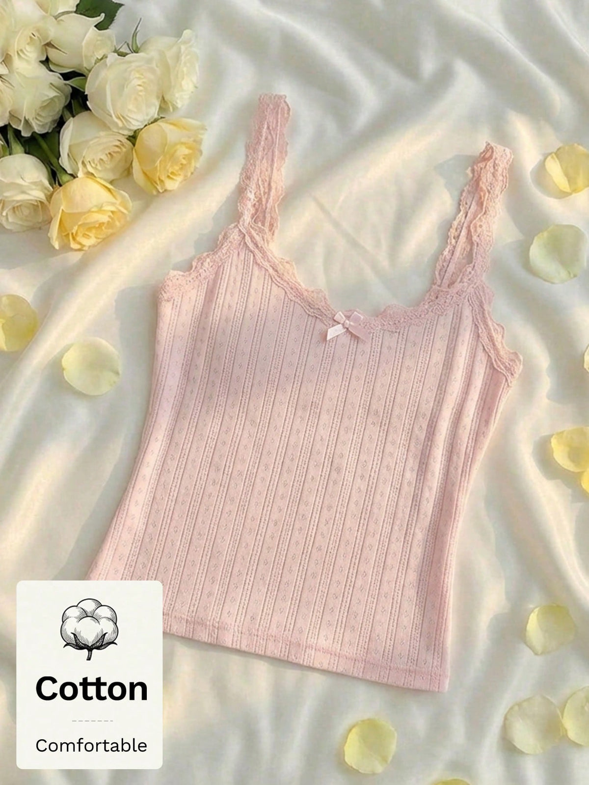 MOD Women's Elegant Light Pink Cotton Vest With Pleated Lace Patchwork Bow,Everyday Summer Singlet,Cottagecore Boho Y2K Casual Floral Ruffle Top For Beach