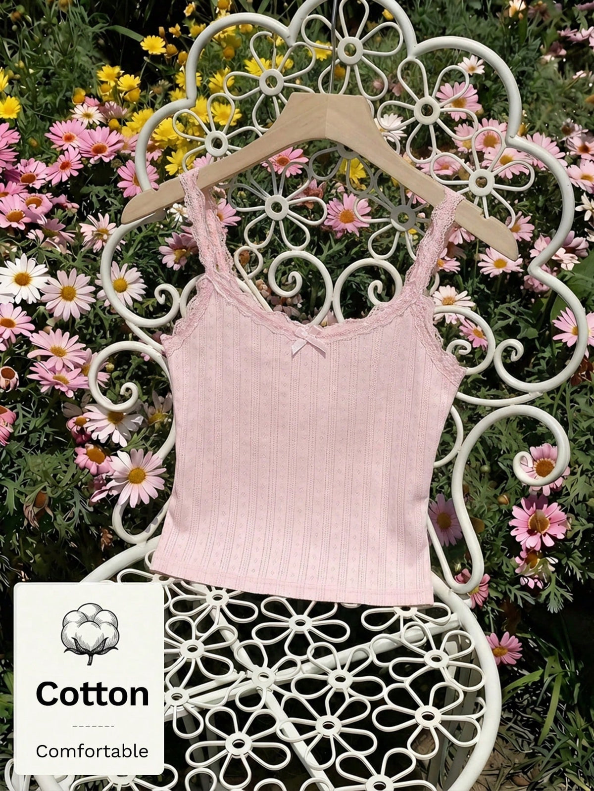 MOD Women's Elegant Light Pink Cotton Vest With Pleated Lace Patchwork Bow,Everyday Summer Singlet,Cottagecore Boho Y2K Casual Floral Ruffle Top For Beach