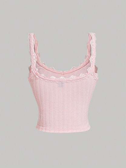 MOD Women's Elegant Light Pink Cotton Vest With Pleated Lace Patchwork Bow,Everyday Summer Singlet,Cottagecore Boho Y2K Casual Floral Ruffle Top For Beach
