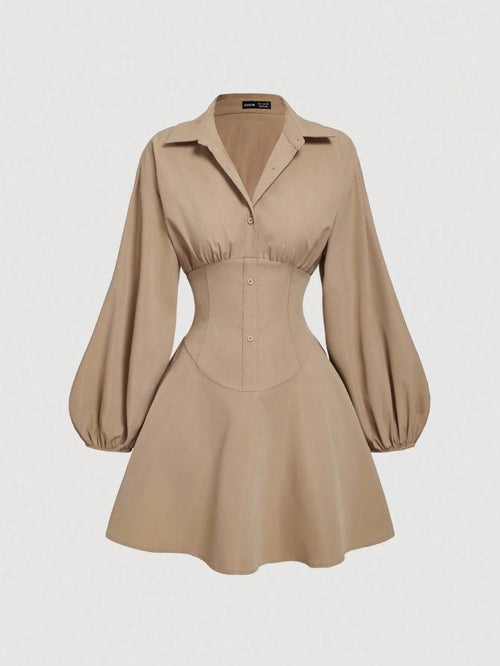 MOD Women's Fitted Long Sleeve Khaki Shirt Dress With Puff Sleeves, Oversized Elegant Button Up Teachers' Day Office Autumn