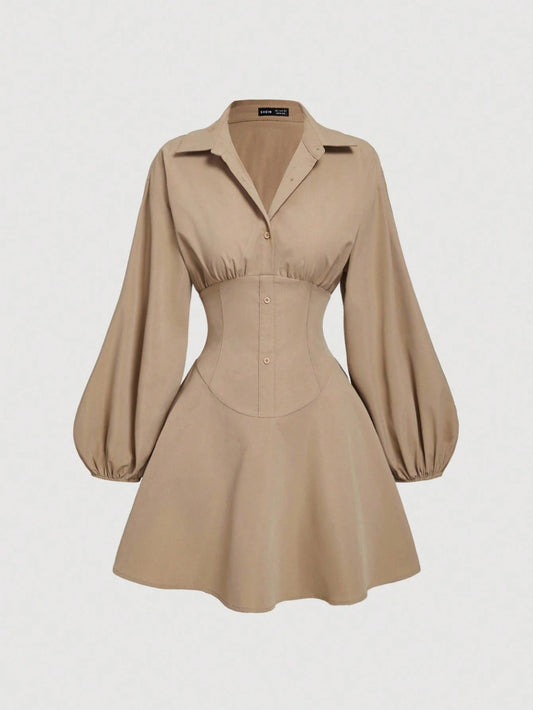 MOD Women's Fitted Long Sleeve Khaki Shirt Dress With Puff Sleeves, Oversized Elegant Button Up Teachers' Day Office Autumn
