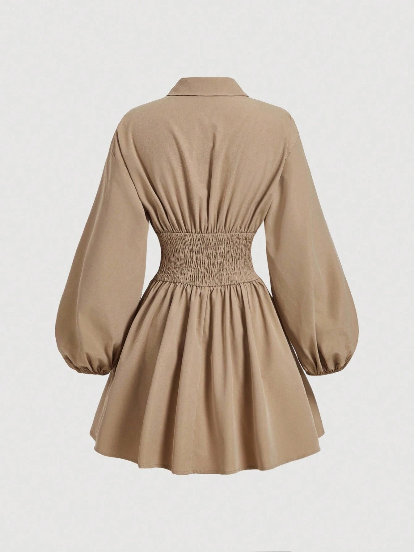 MOD Women's Fitted Long Sleeve Khaki Shirt Dress With Puff Sleeves, Oversized Elegant Button Up Teachers' Day Office Autumn