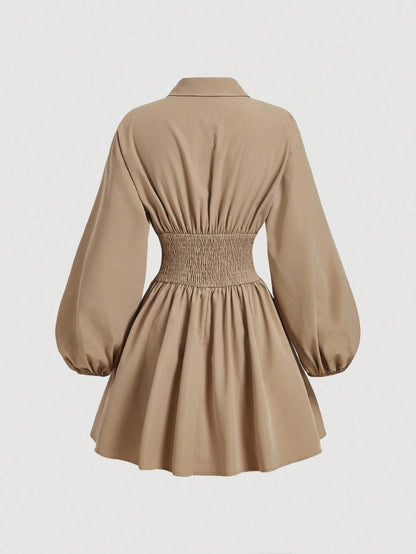 MOD Women's Fitted Long Sleeve Khaki Shirt Dress With Puff Sleeves, Oversized Elegant Button Up Teachers' Day Office Autumn