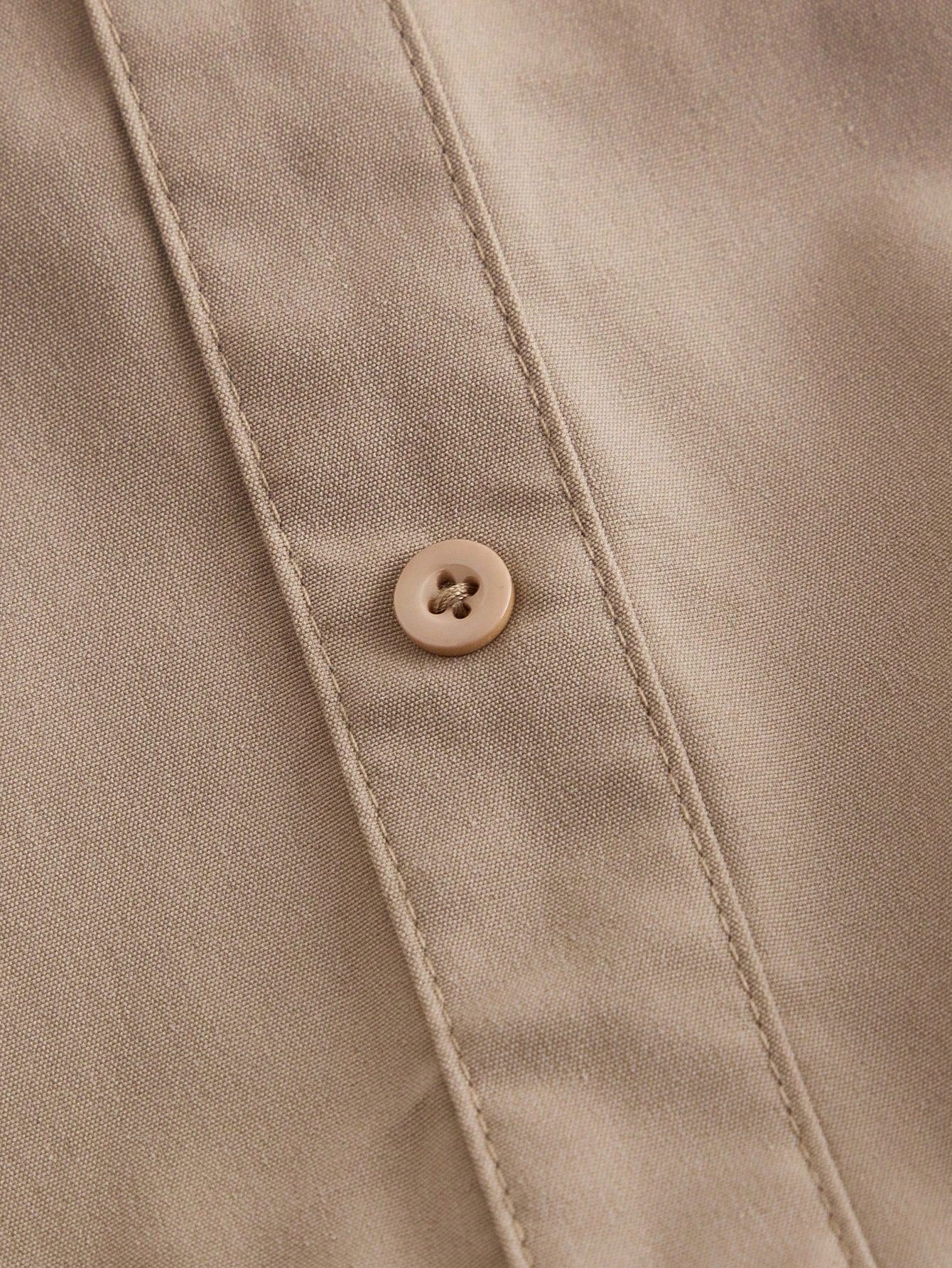 MOD Women's Fitted Long Sleeve Khaki Shirt Dress With Puff Sleeves, Oversized Elegant Button Up Teachers' Day Office Autumn