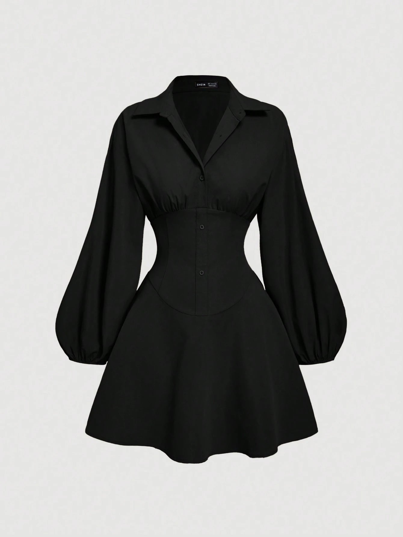 MOD Women's Fitted Long Sleeve Khaki Shirt Dress With Puff Sleeves, Oversized Elegant Button Up Teachers' Day Office Autumn