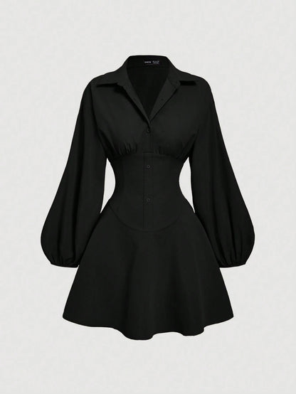 MOD Women's Fitted Long Sleeve Khaki Shirt Dress With Puff Sleeves, Oversized Elegant Button Up Teachers' Day Office Autumn