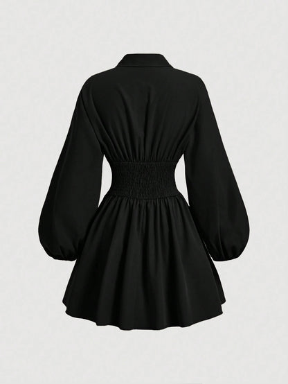 MOD Women's Fitted Long Sleeve Khaki Shirt Dress With Puff Sleeves, Oversized Elegant Button Up Teachers' Day Office Autumn