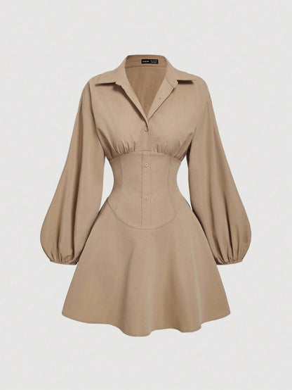 MOD Women's Fitted Long Sleeve Khaki Shirt Dress With Puff Sleeves, Oversized Elegant Button Up Teachers' Day Office Autumn