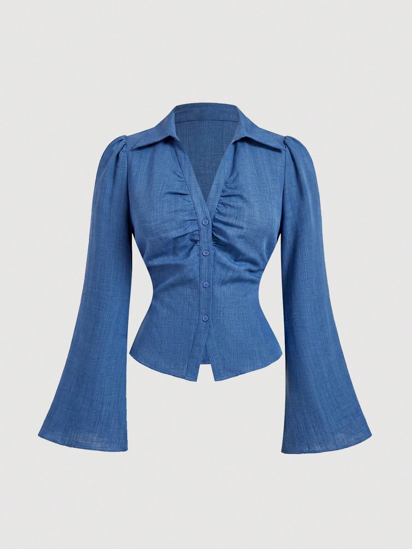 MOD Women's Plus Size Denim Effect Blue Ruched Waist Casual Shirt, Bell Sleeves,Back To School,Campus,Casual Blouses,Basic Blouses Fall