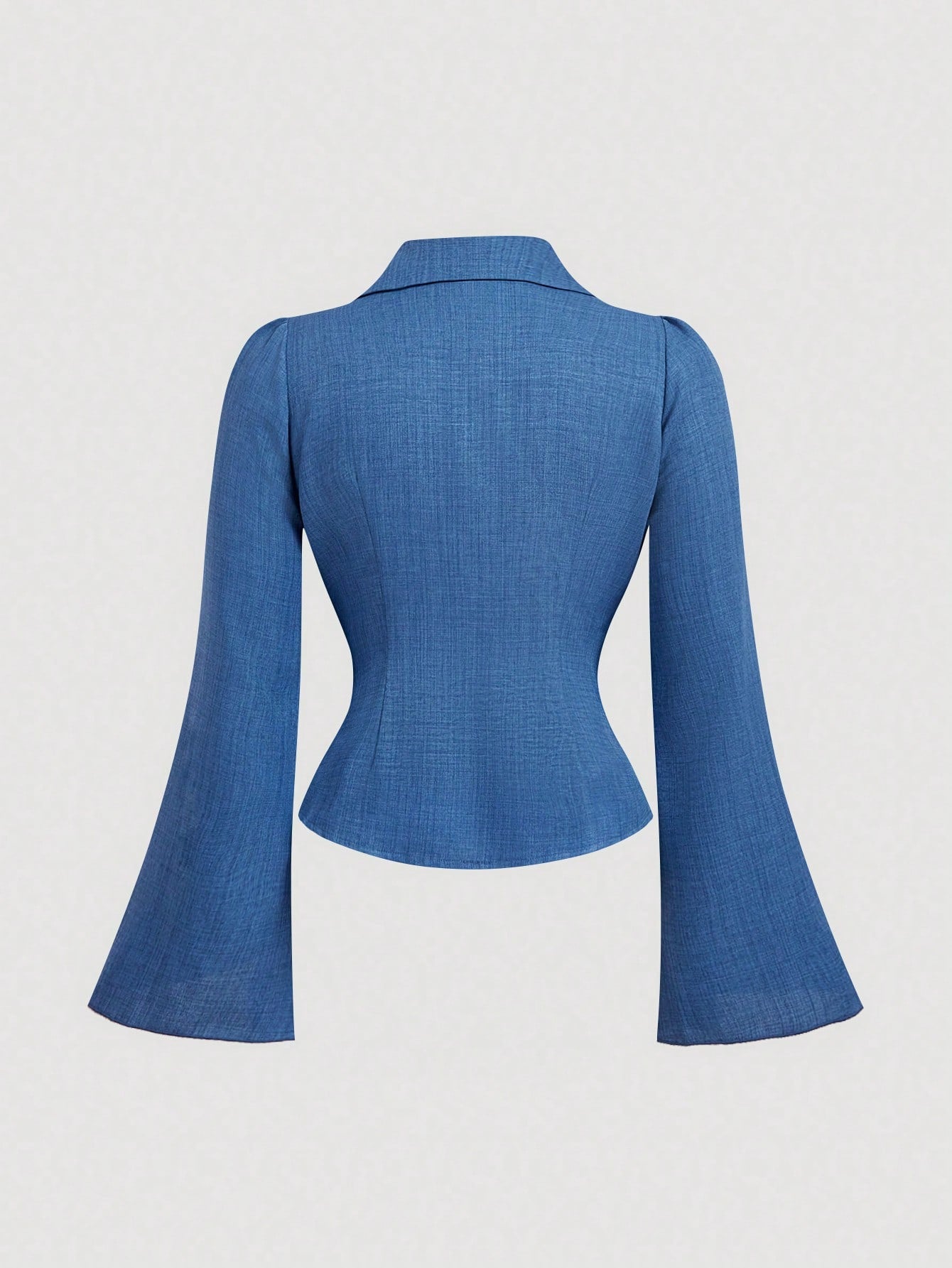 MOD Women's Plus Size Denim Effect Blue Ruched Waist Casual Shirt, Bell Sleeves,Back To School,Campus,Casual Blouses,Basic Blouses Fall