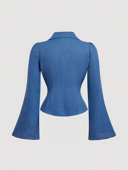 MOD Women's Plus Size Denim Effect Blue Ruched Waist Casual Shirt, Bell Sleeves,Back To School,Campus,Casual Blouses,Basic Blouses Fall