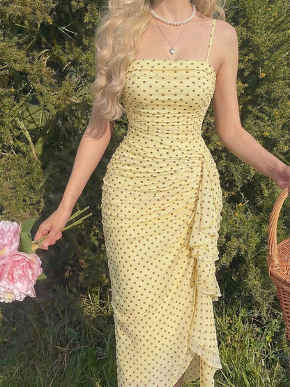 MOD Women's Summer Elegant Polka Dot Print Spaghetti Strap Midi Dress
