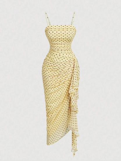 MOD Women's Summer Elegant Polka Dot Print Spaghetti Strap Midi Dress