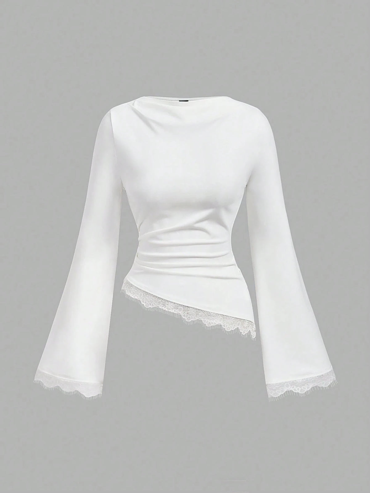 MOD Women's White Long Bell Sleeve Blouse With Asymmetrical Hem And Lace Accents,Tops With Sleeves