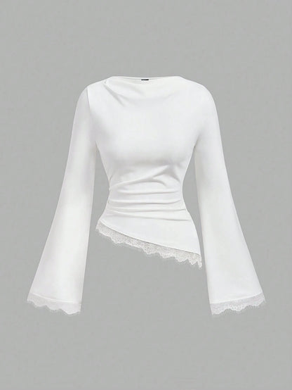 MOD Women's White Long Bell Sleeve Blouse With Asymmetrical Hem And Lace Accents,Tops With Sleeves