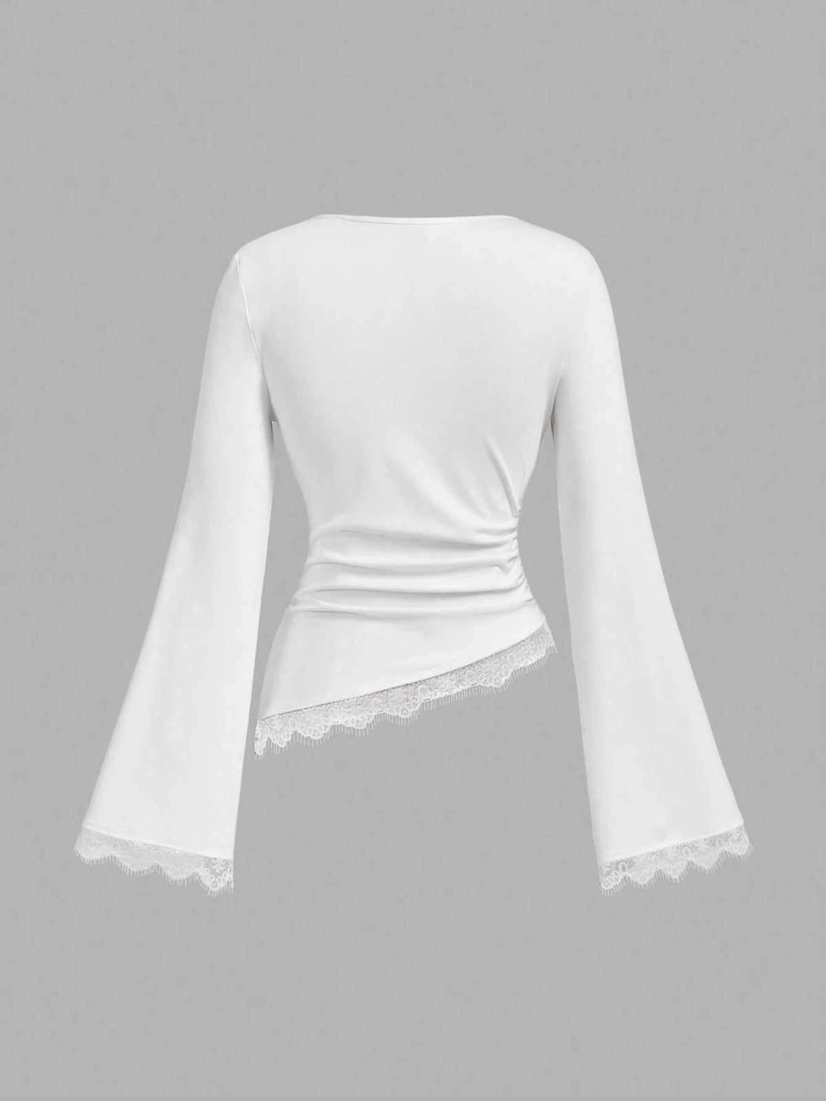MOD Women's White Long Bell Sleeve Blouse With Asymmetrical Hem And Lace Accents,Tops With Sleeves